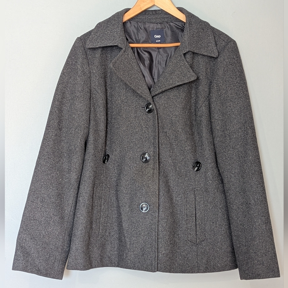 GAP‎ Women's Charcoal Gray Wool Blend Y2K Double Breasted Peacoat Dark Academia